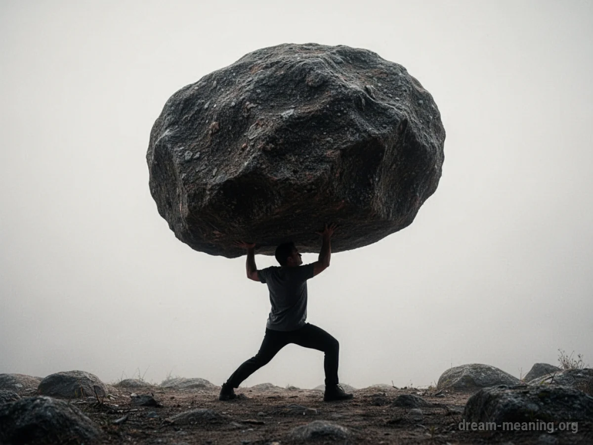 Silhouette of a person straining to lift a large boulder.