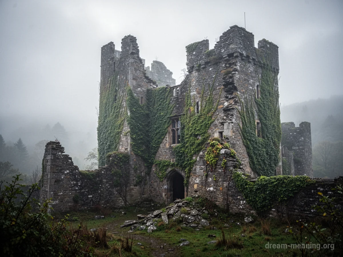 Overgrown stone castle ruins with a view of a distant landscape through an archway.