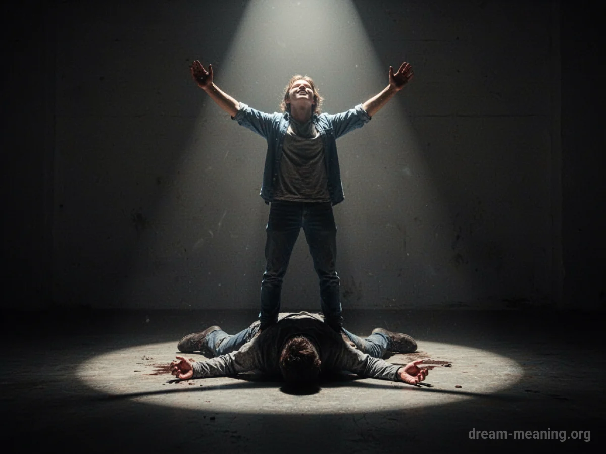 A person standing over a subdued shadowy figure.