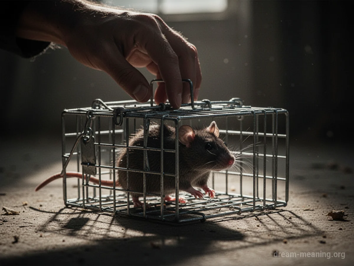 A hand placing a trap near a rat.