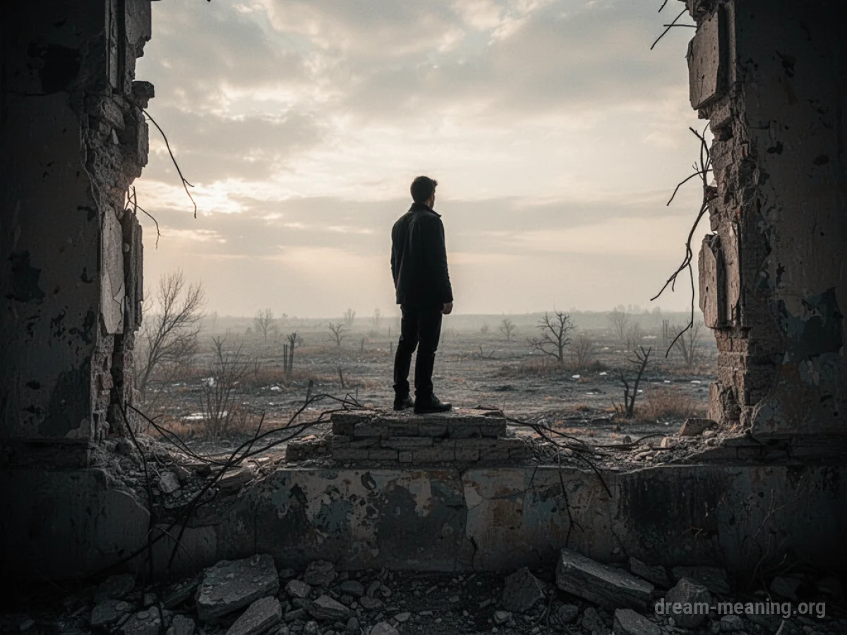 Silhouette of a person on a crumbling building overlooking a barren landscape.