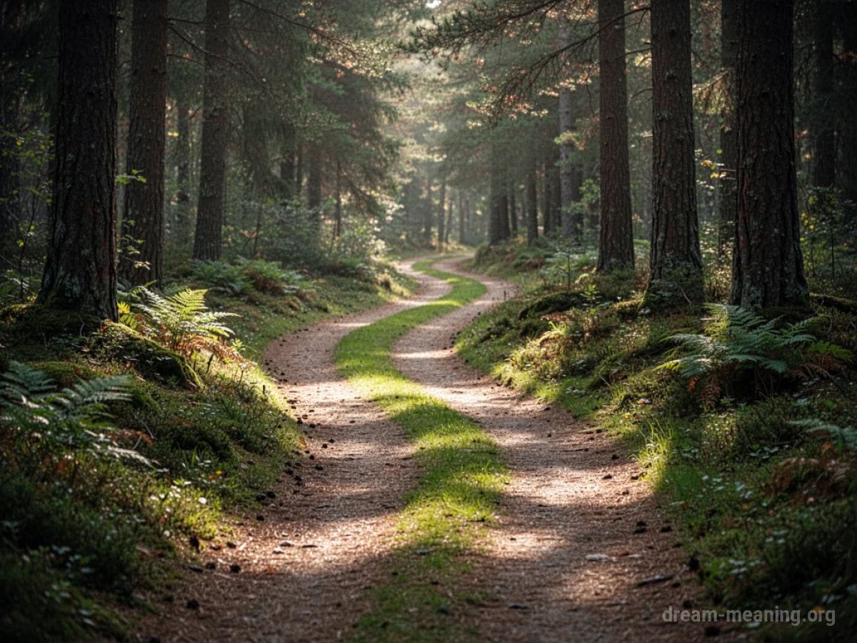 Two paths diverging in a sunlit forest.