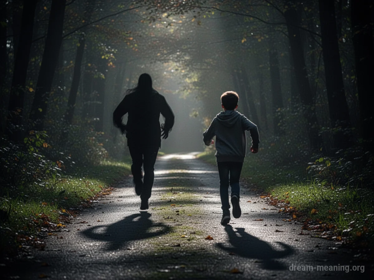 A silhouetted figure chases another person down a dark, narrow path.