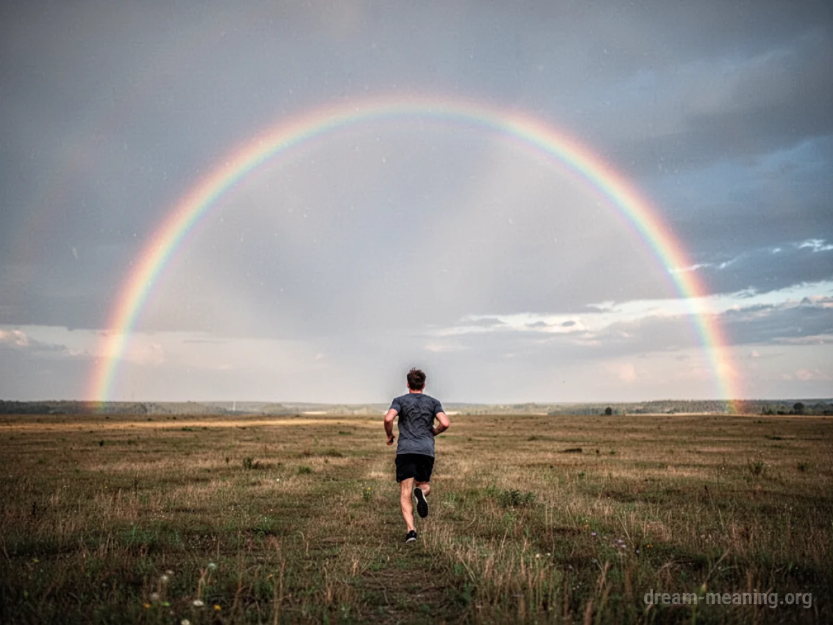 A person running towards a rainbow in a field.