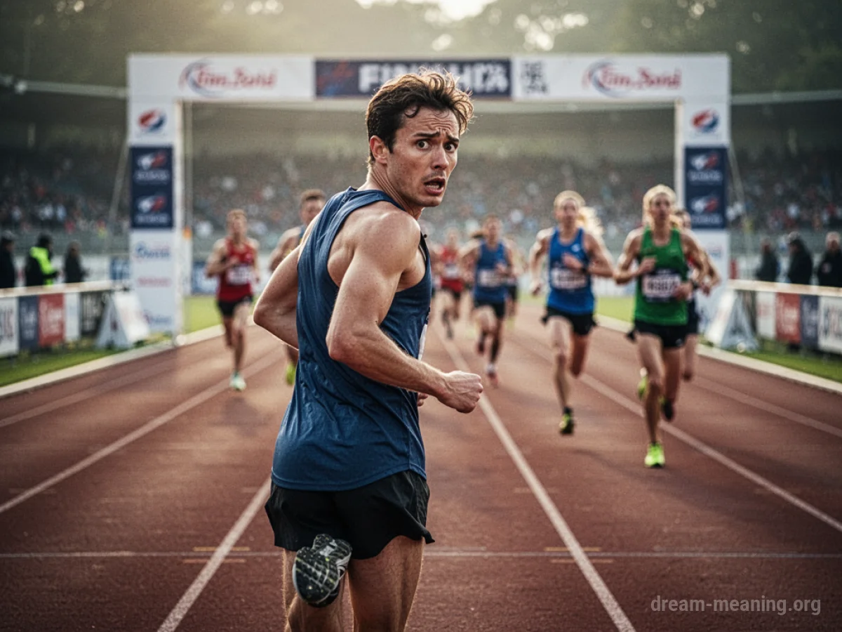 A runner glancing back while other runners near the finish line on a race track.