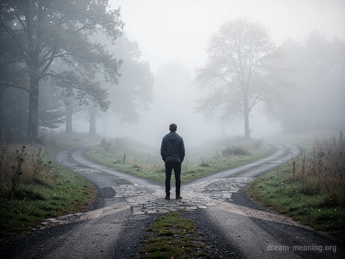 A person stands at a fork in a dimly lit path.