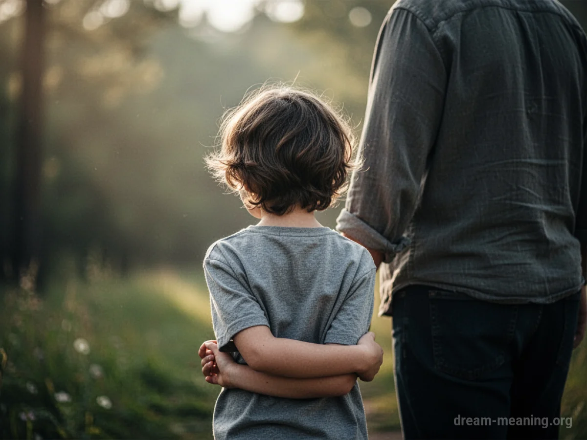 An adult figure stands with their back to a child who is turned away.