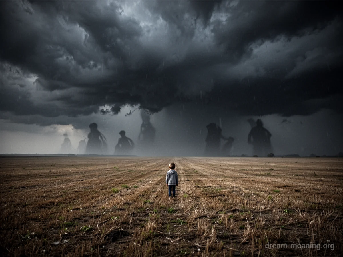 Silhouette of a small child in a large, dark field with looming shadows.