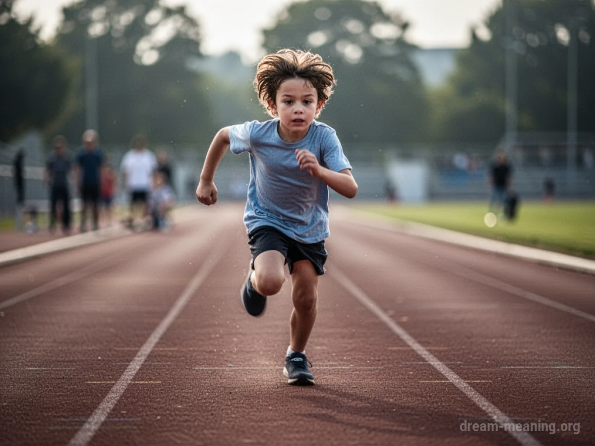 A young child running at high speed on a race track.