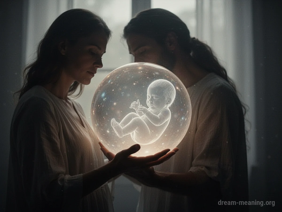 Silhouette holding a glowing orb with a faint child figure inside.