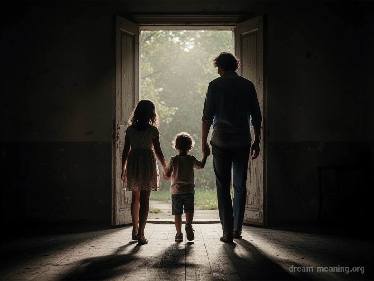 Silhouette of a parent and child walking away from a dark doorway.