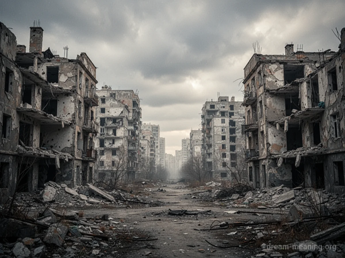 A city with damaged and collapsed buildings.