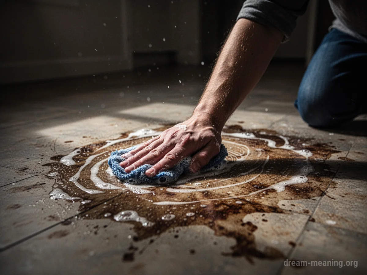 A hand scrubbing a stained floor in a dimly lit room.