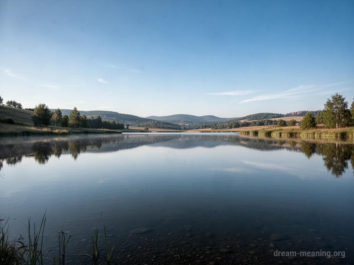 A calm lake perfectly mirroring the sky and surrounding trees.