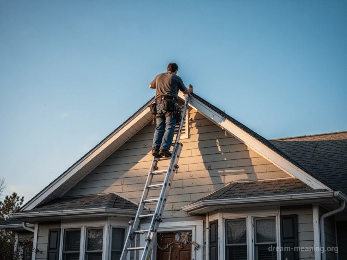 A person ascending a ladder to reach the top of a house roof.