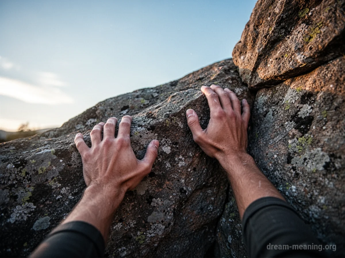 Close-up of hands scaling a rocky surface.
