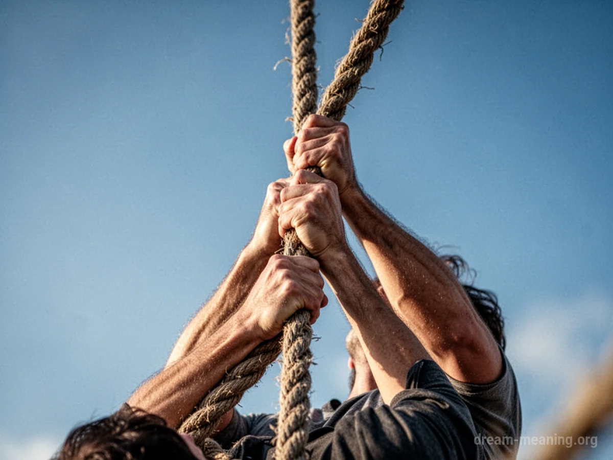 Close-up of hands gripping a climbing rope as they ascend.