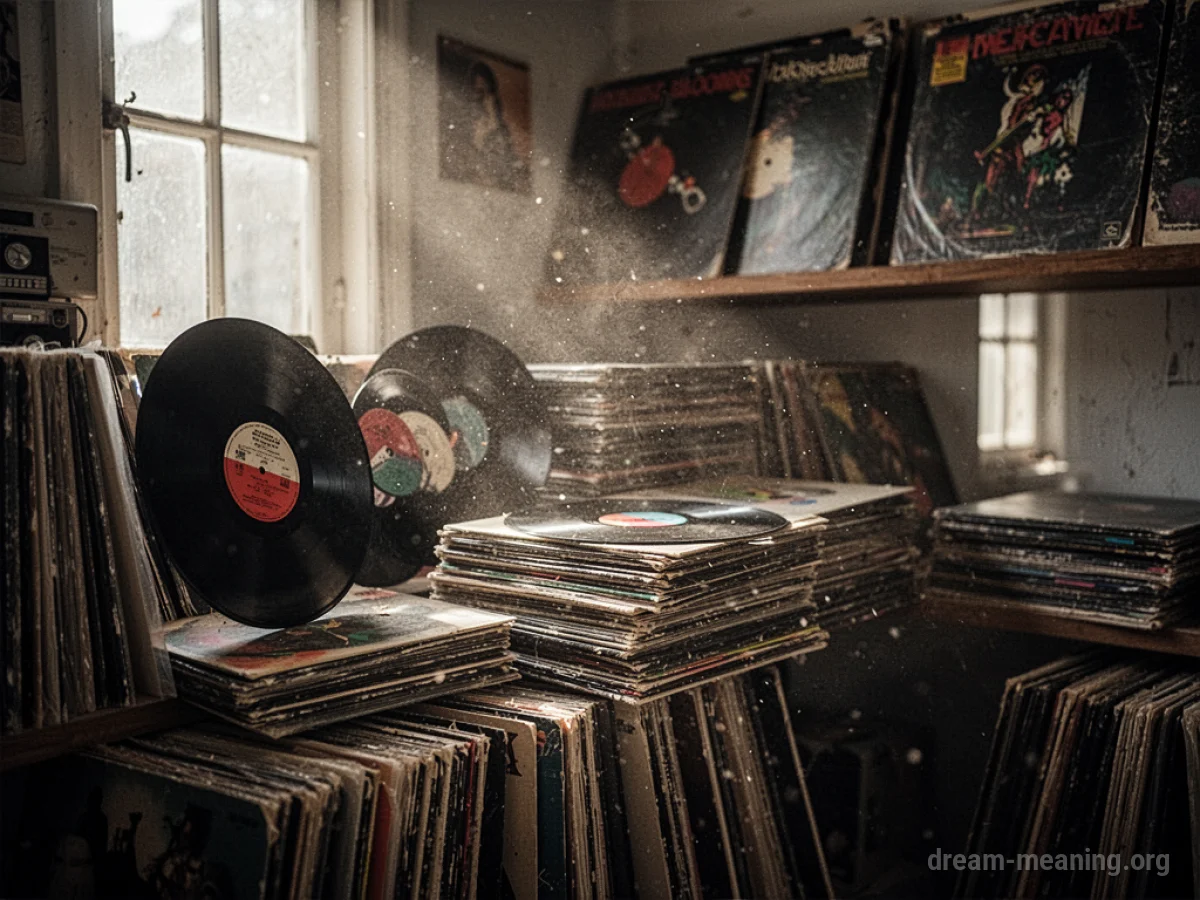 Rows of old vinyl records on shelves.
