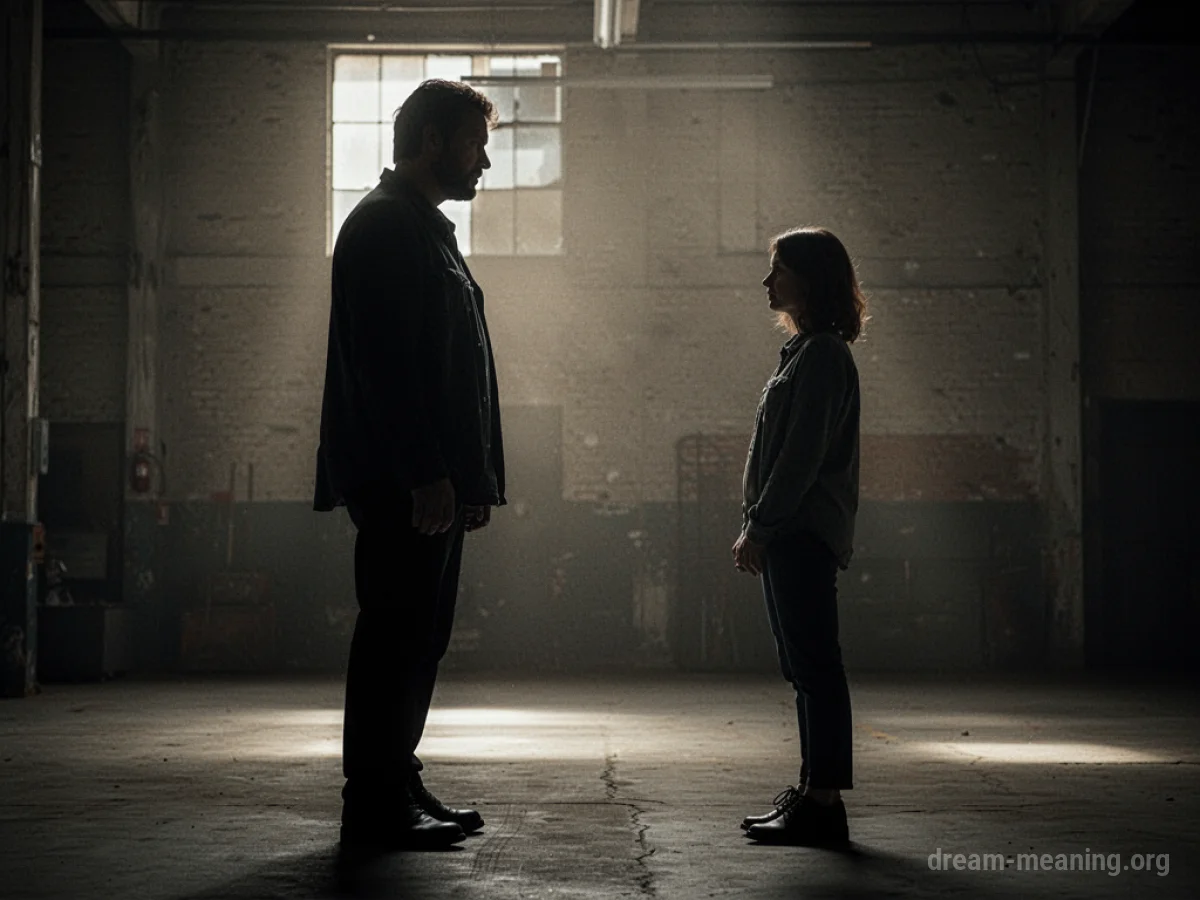 Two silhouetted figures facing each other in a dimly lit room.