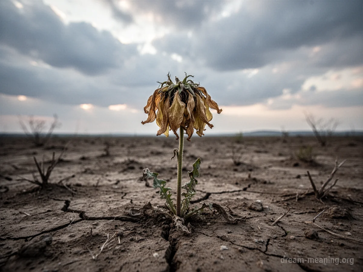 A wilting flower in a dry, cracked earth.