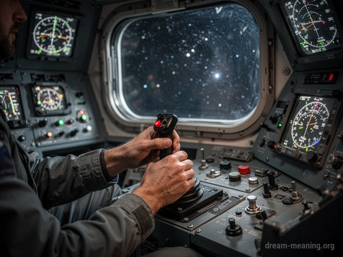 Hands on a rocket joystick in a cockpit with stars visible through the window.