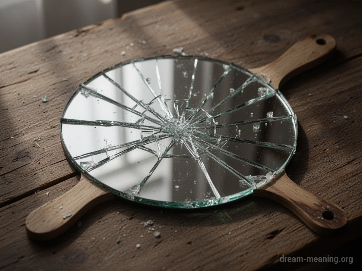 A cracked hand mirror on a wooden table.