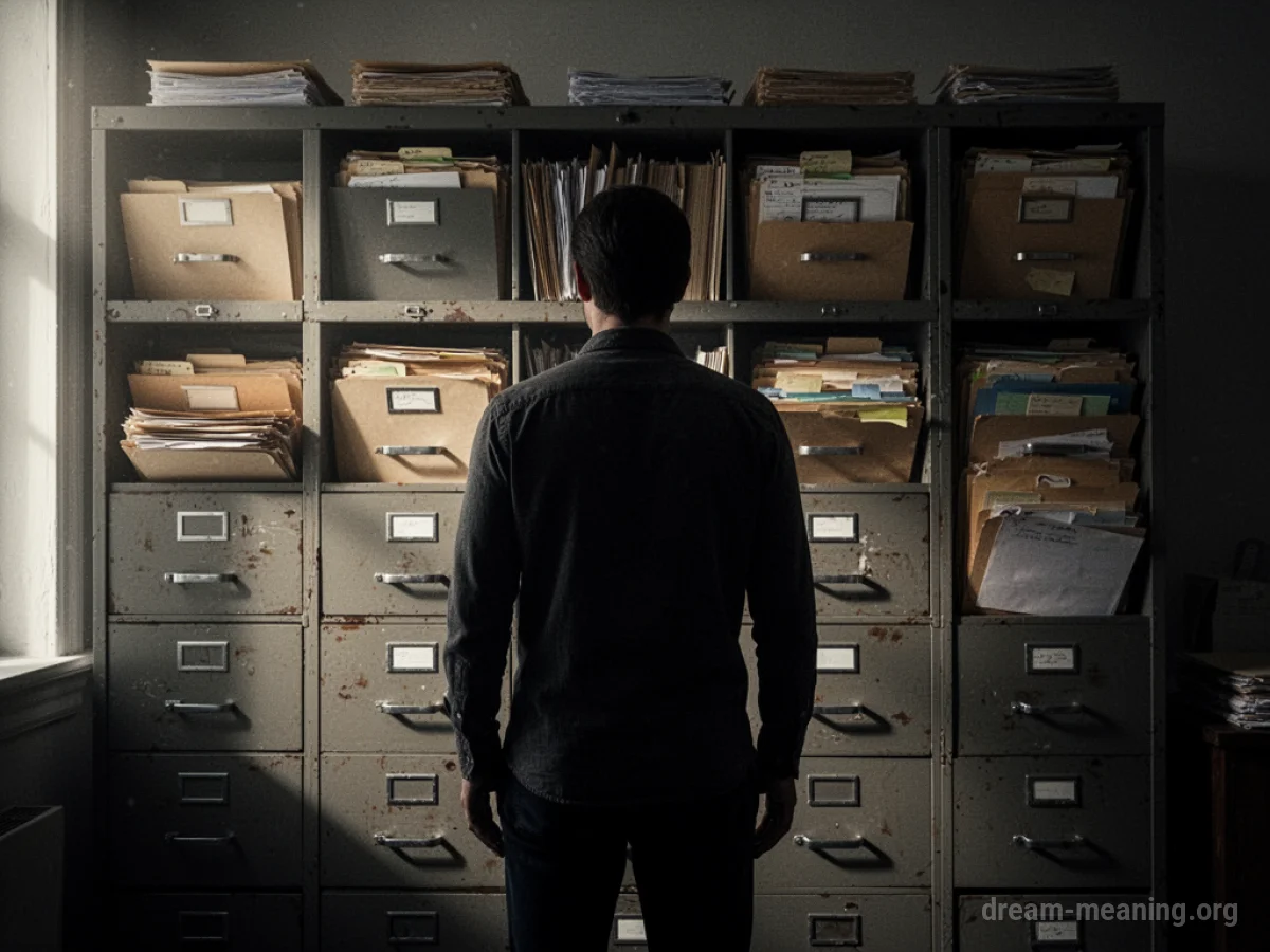 A person's silhouette stands before a tall filing cabinet.