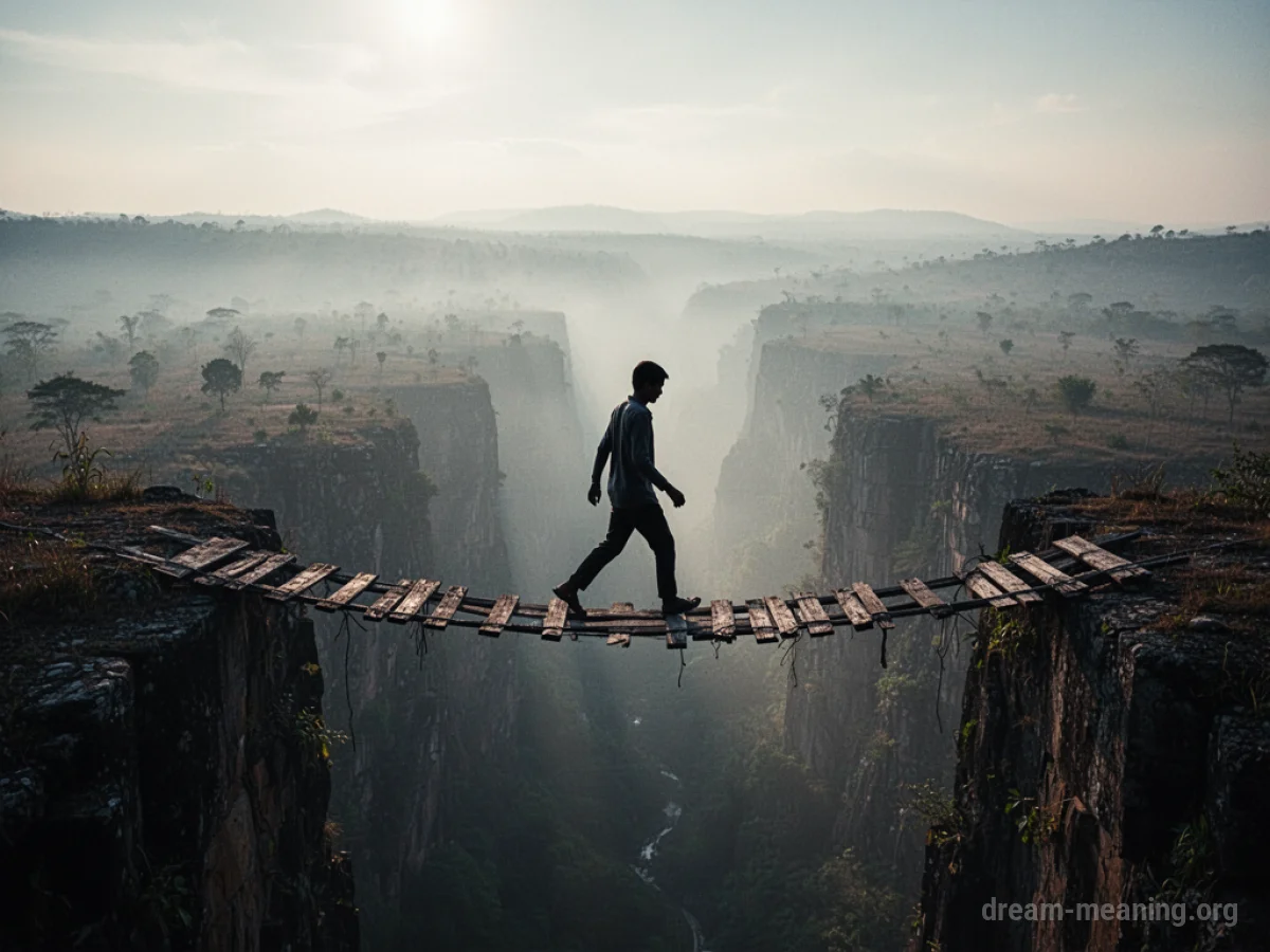 A lone figure on a precarious bridge over a deep abyss.