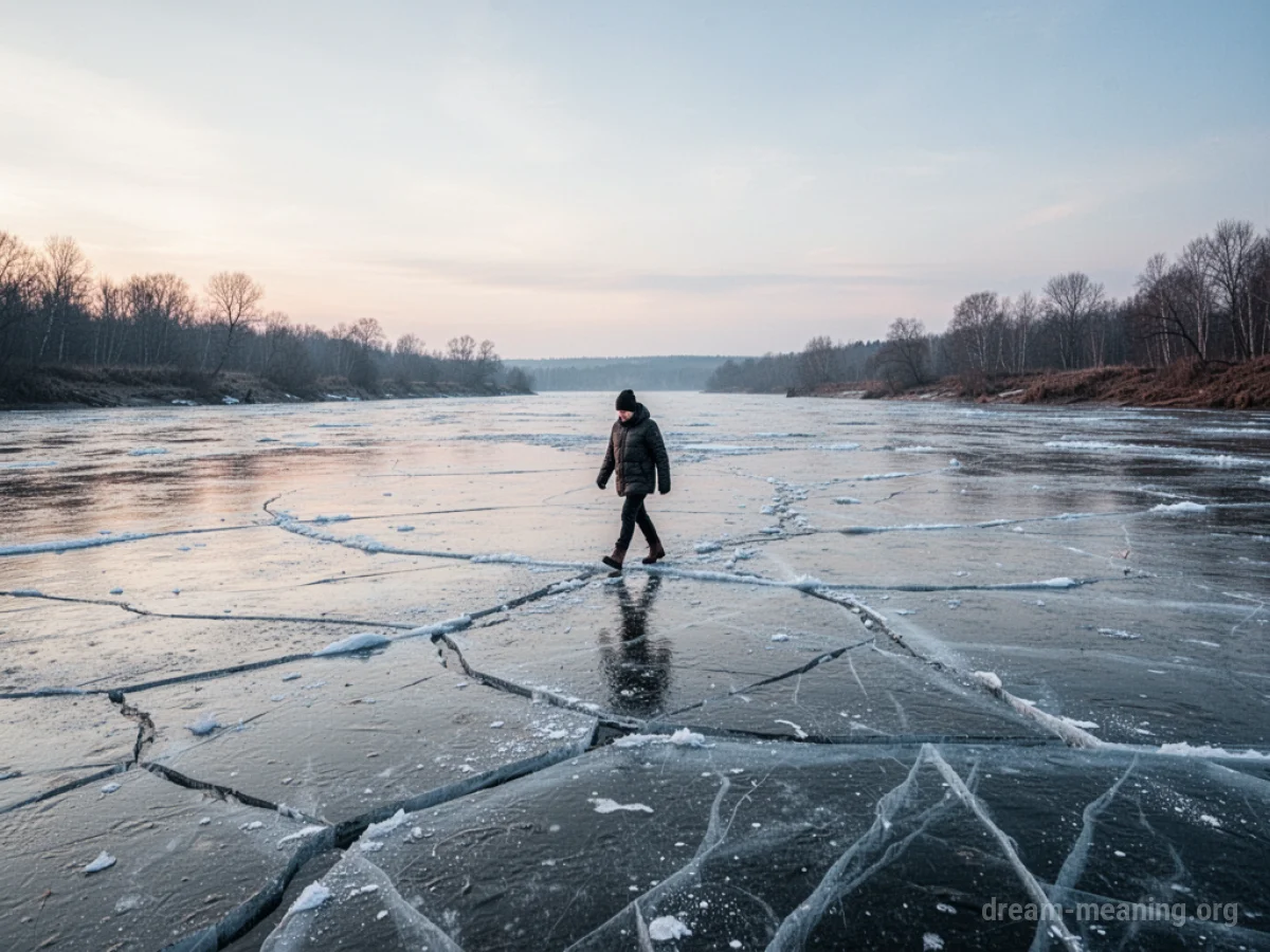 A person walking on a cracked ice surface over a river.