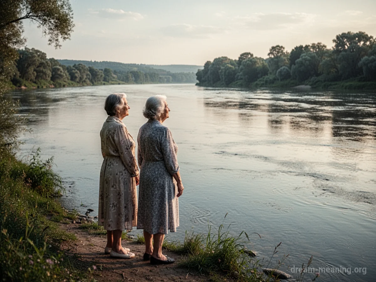 A woman and her mother on a riverbank.