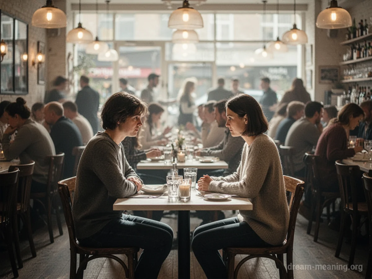 A person dining alone at a table in a busy restaurant.
