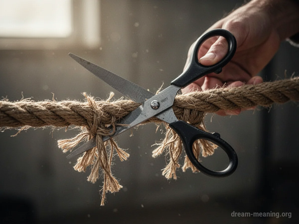 A pair of scissors in the process of cutting a rope.