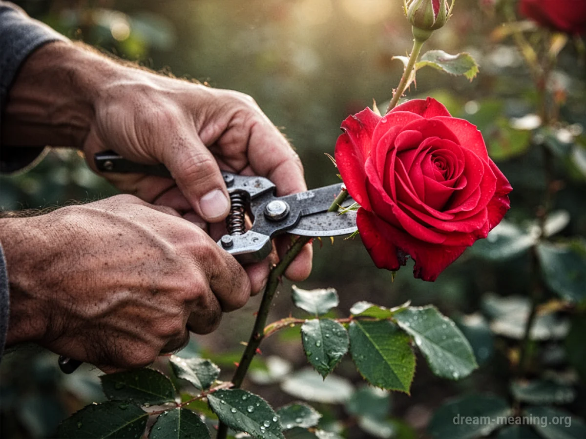 A person's hands holding gardening shears cutting a rose stem.