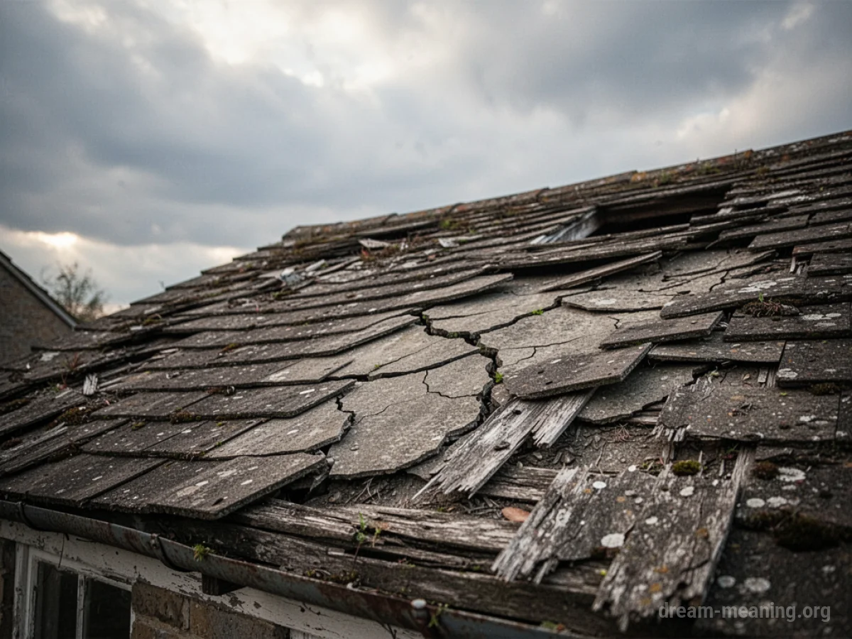 A house roof with visible cracks and missing shingles.