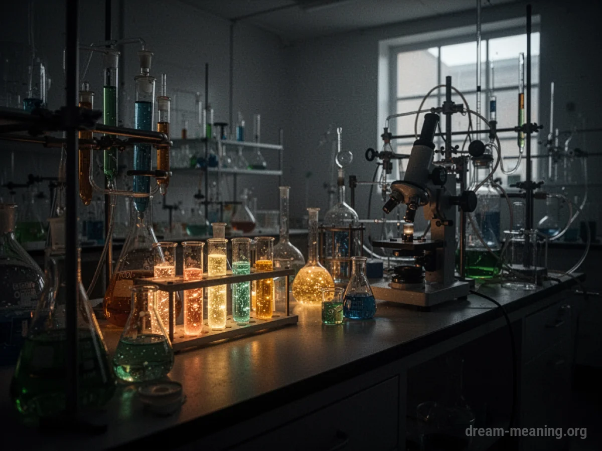 A shadowy laboratory setting with scientific equipment.