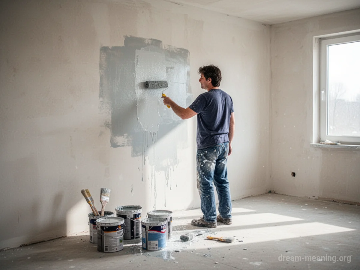 Person painting a wall in an empty room with paint supplies.