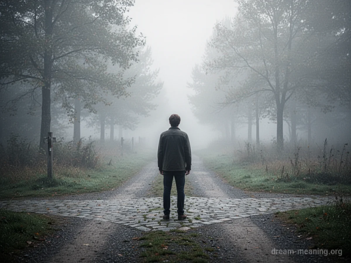 A person at a crossroads with a misty, fading path behind them.