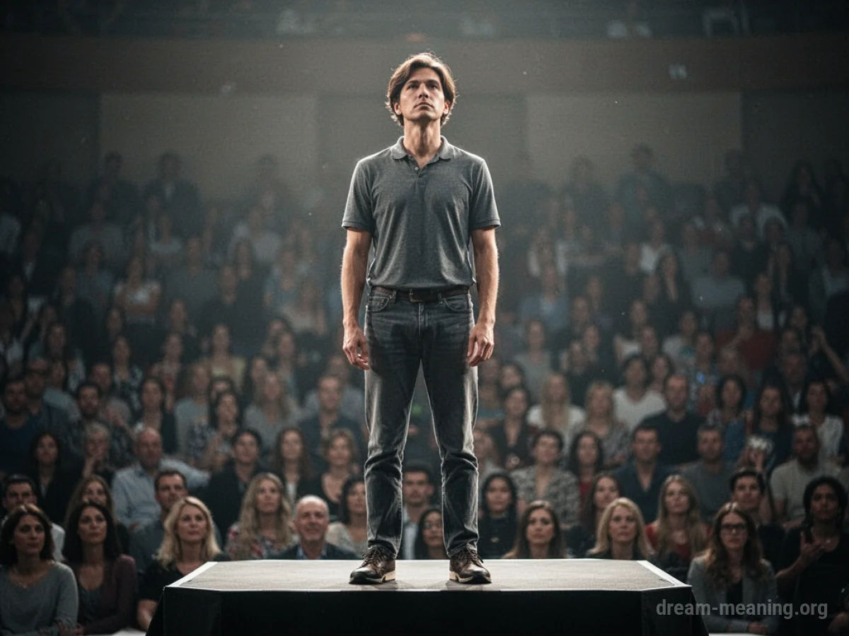 A person standing on a raised platform facing an unseen group.