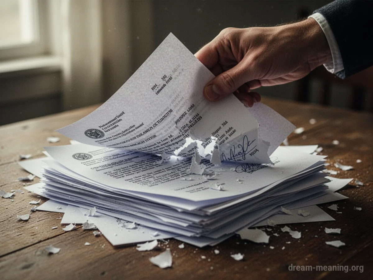 A hand tearing up official documents.