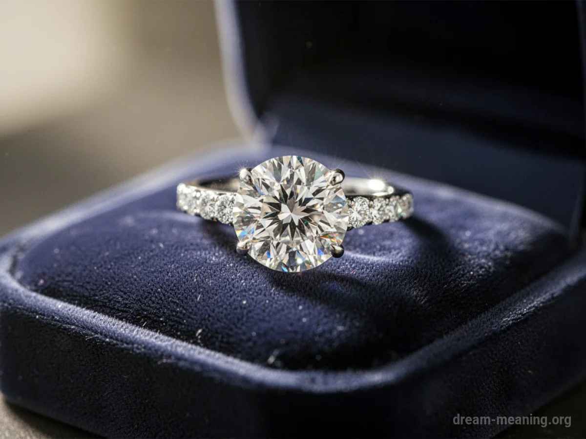 A close-up of a diamond ring with a sparkling stone.