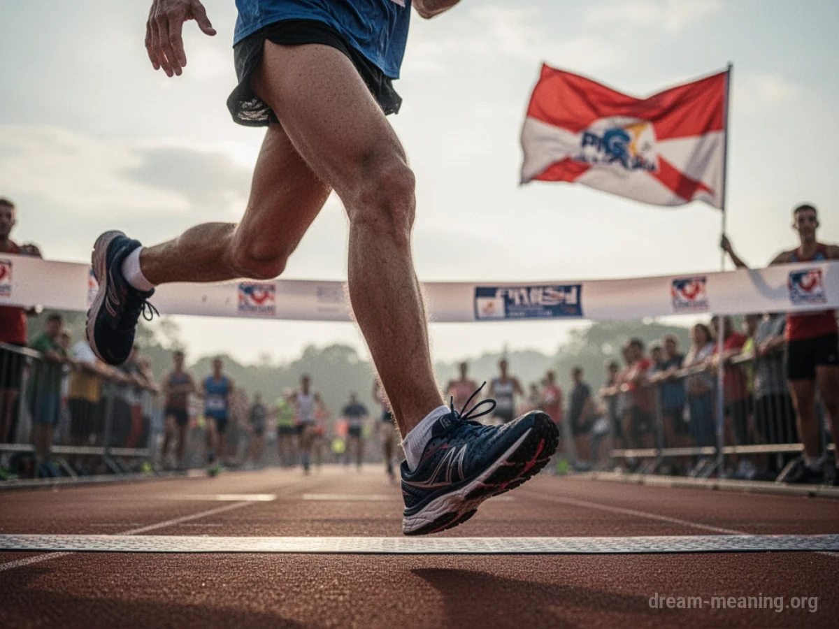 A runner's leg crossing a finish line with a disqualification flag in the background.