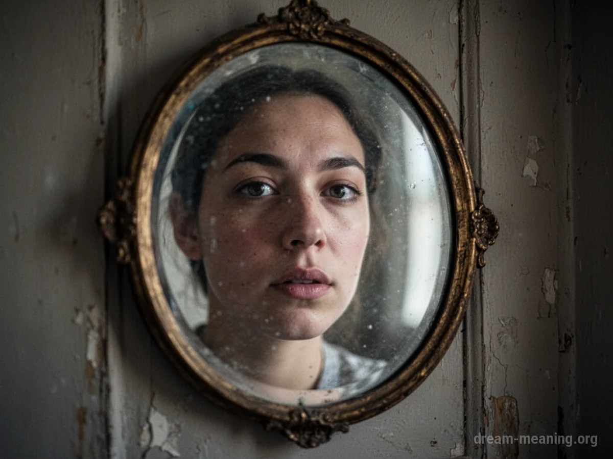 A person looking into a mirror with a distorted reflection.