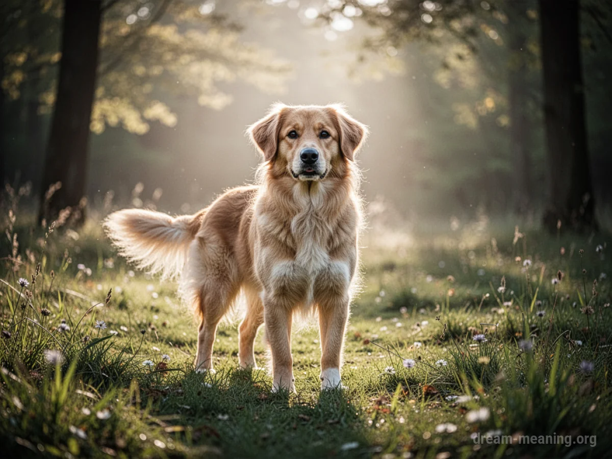 A dog stands in a sunlit meadow.