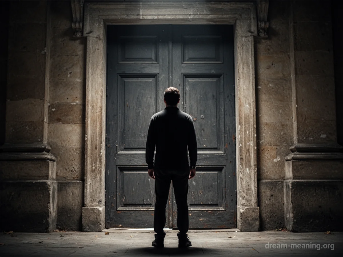 A person's silhouette facing a closed door.