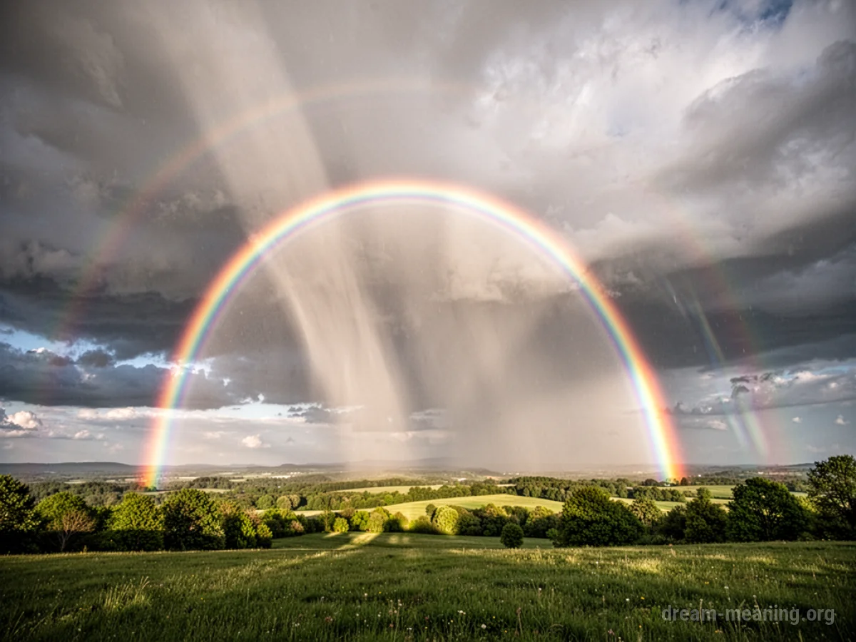 A sky with two distinct rainbows forming after a storm.