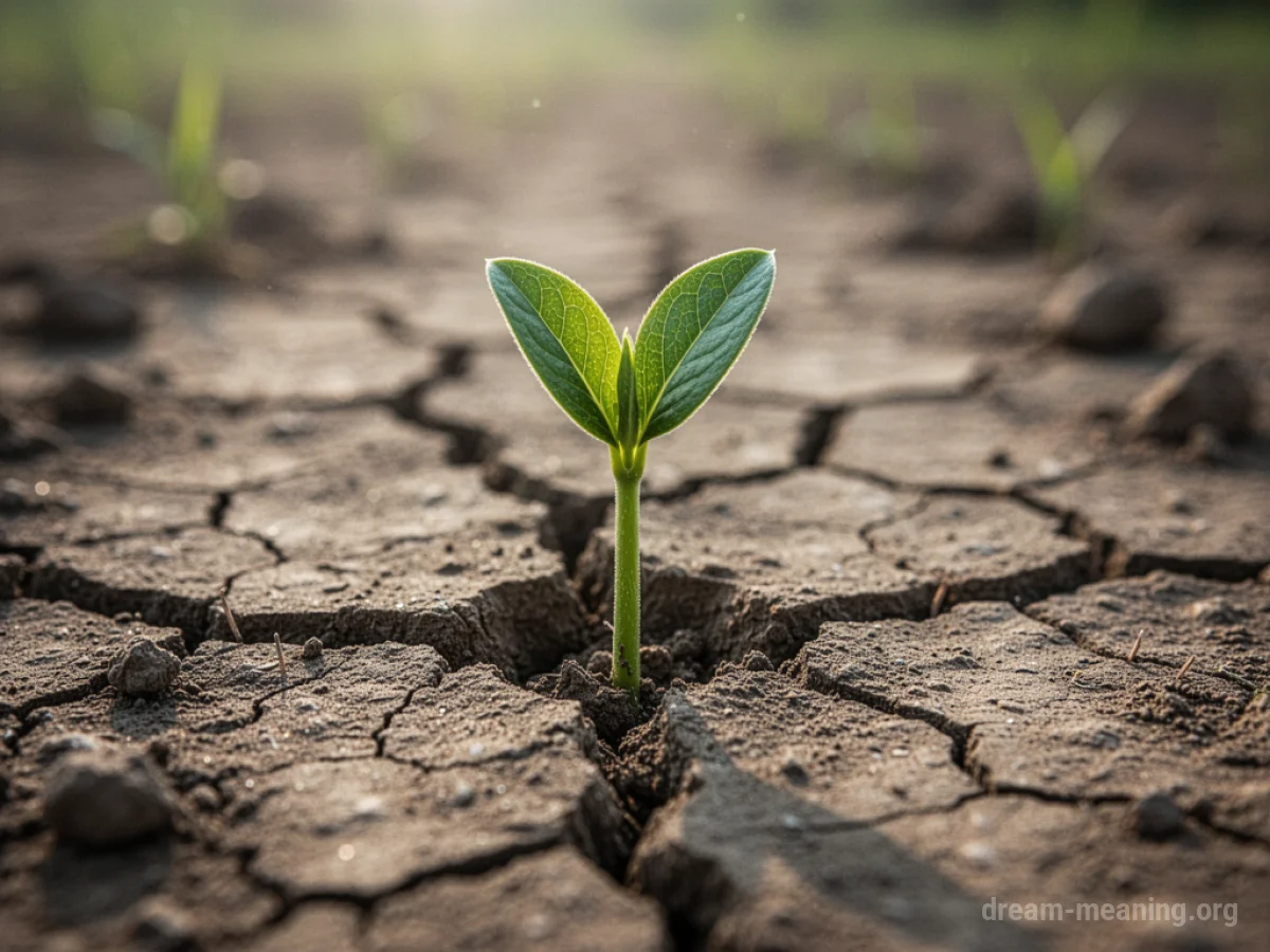 A small green plant growing out of parched, cracked soil.