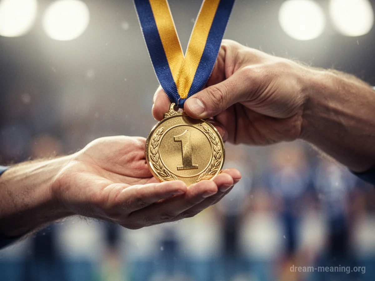 A hand extends to receive a gold medal.