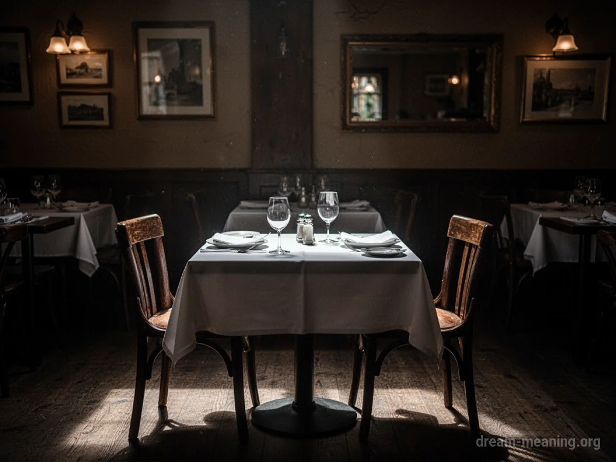A table set for two in a dimly lit restaurant.