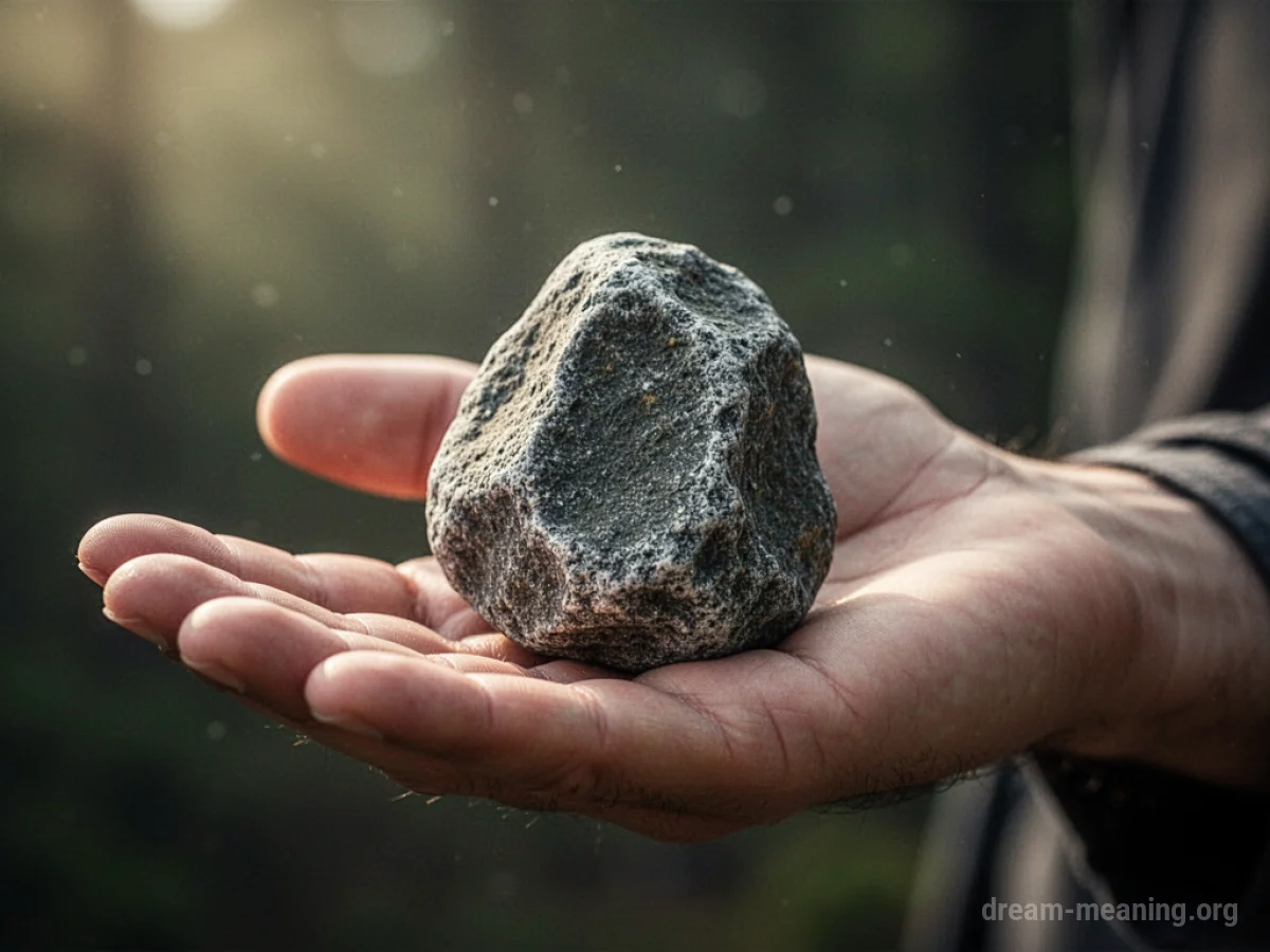 A grey, textured rock rests in an open palm.