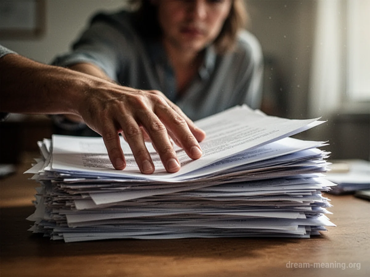 A hand pushing away a stack of documents.